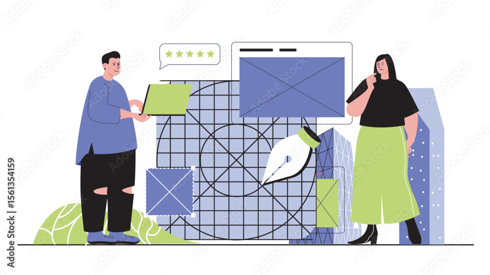 Poster Design agency concept for modern web design. People working on designer project, creating content for branding and drawing graphic elements. Flat vector illustration isolated on white background.