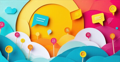 Fototapeta premium Papercraft style illustration. Bright colors, speech bubbles, user icons, circles create playful digital scene. Communication concept.