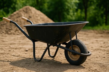 A black wheelbarrow sits on sandy ground with a pile of dirt and green trees in the background
