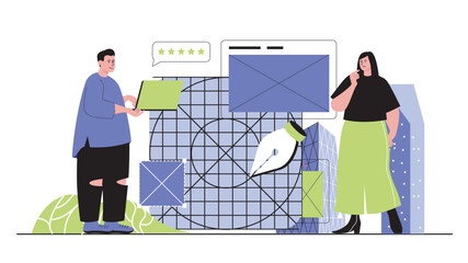 Design agency concept for modern web design. People working on designer project, creating content for branding and drawing graphic elements. Flat vector illustration isolated on white background.