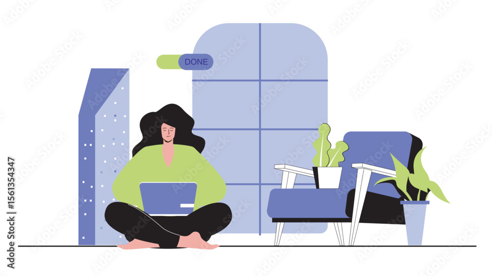 Poster freelance concept for modern web design. people working at computer, freelancer doing tasks from hom
