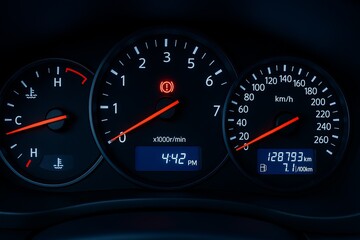 Close up of car dashboard gauges showing speed RPM temperature and time with warning light