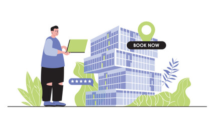 Hotel booking concept for modern web design. People planning trip and renting house or room using laptop, searching travel apartment by internet. Flat vector illustration isolated on white background.