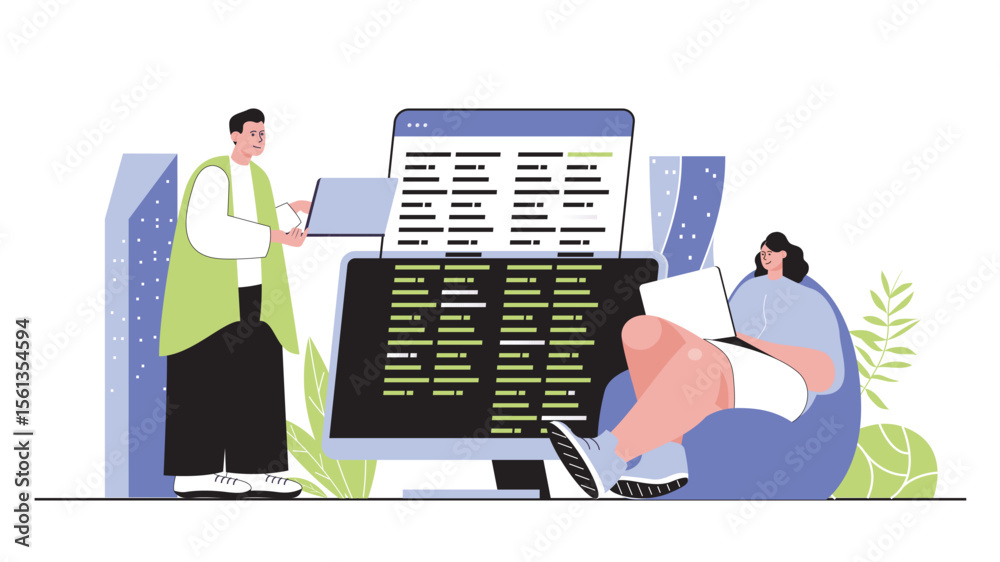 Poster Programmer concept for modern web design. People developers creating code, developing programs and software, testing applications on screens. Flat vector illustration isolated on white background.