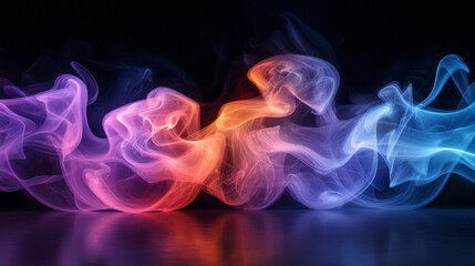 Obraz premium Mystical mist. Swirling smoke in dark and light symphony. Fluid fantasia. Abstract dance of fog and light on floor with black background