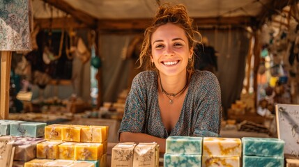 Cheerful woman selling handmade soaps at a vibrant outdoor market with colorful displays