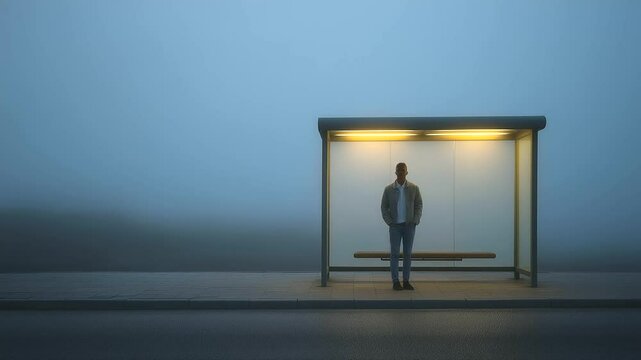 A person waiting at a foggy bus stop in silence and solitude
