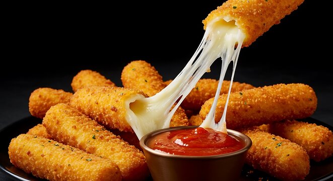 Fried Mozzarella Sticks with Stretchy Cheese and Red Sauce