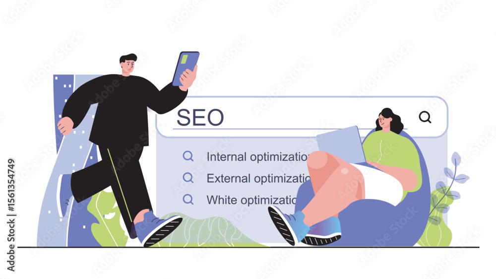 Poster Seo optimization concept for modern web design. People adjusting search engine with keywords, searching queries and increase website traffic. Flat vector illustration isolated on white background.