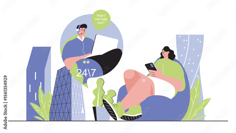 Poster support center concept for modern web design. people advising and helping customers around clock, an
