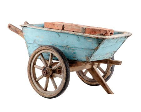 Old blue wooden wheelbarrow with weathered texture carrying red bricks, rustic and vintage style, isolated on transparency background, evokes nostalgia and rural charm