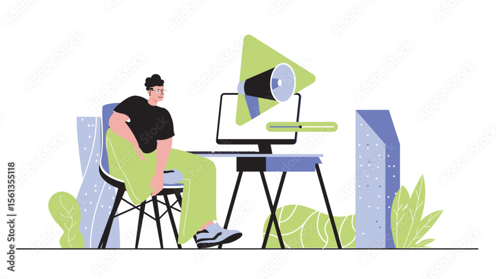 Poster video marketing concept for modern web design. people creating content with advertising information,