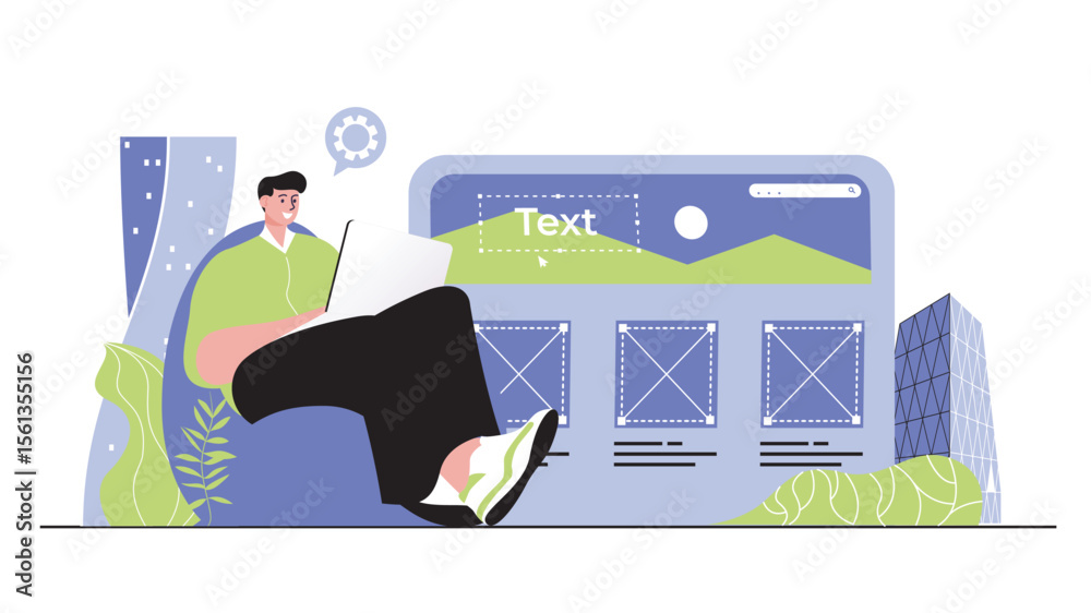 Poster Web development concept for modern design. People developers creating website layout, placing graphic elements, making application template. Flat vector illustration isolated on white background.