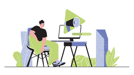 Video marketing concept for modern web design. People creating content with advertising information, promoting online, attracting new clients. Flat vector illustration isolated on white background.