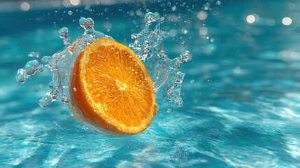 A vibrant, juicy orange slice captured in mid-air as it splashes into a pool of clear water. The bright orange color of the fruit contrasts with the clear water, creating a visually striking and