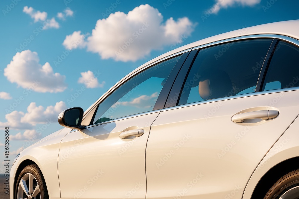 Poster close-up of modern white luxury car side view with clear sky and clouds in background, blending tran