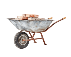 Old metal wheelbarrow loaded with red and gray bricks, isolated on transparency background, construction tool, rustic, worn, practical for building work