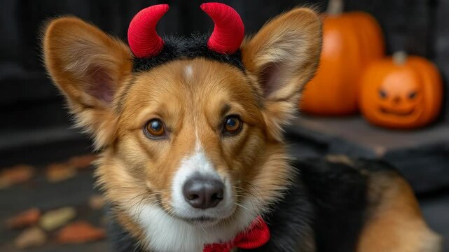 Halloween festival concept. A cute corgi dog wearing red devil horns and a bow tie sits in front of Halloween pumpkins.