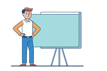 Presentation & Presentation: An illustration of a person, likely an educator or presenter, stands beside a blank board. The minimalist approach conveys a sense of calm.