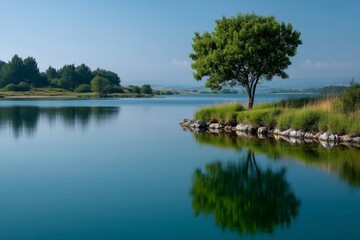 Fototapeta premium Tranquil lake scene with tree reflection and clear blue sky