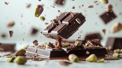 Dubai Chocolate Kunafa Pistachio on white background,Dubai Chocolate bar with green kadayif and pistachio spread,popular and viral chocolate 2024,space for text.