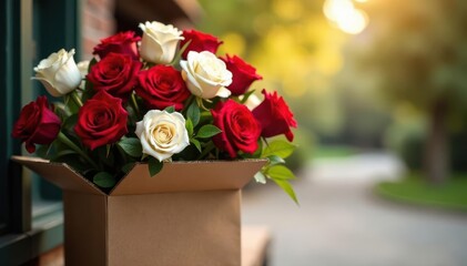 Obraz premium Red & white flowers in carton box, porch delivery , summer, bouquet