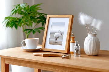 Elegant table decor with framed beach photo, cup, and reed diffuser in minimalist setting