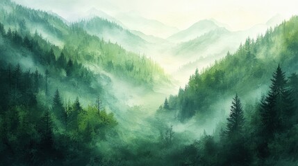 Obraz premium Watercolor of landscape forest misty mountains horizon and fog and hills,pine tree fir tree,Autumn forest background,drawn by hand,Autumn illustration design elements for landscape,wallpaper.