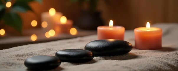 Smooth hot stones & scented candles on massage table, tranquil, candles