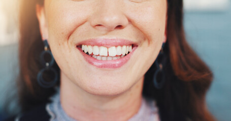 Teeth, mouth and closeup of woman at dentist for dental care, health and fresh breath. Cleaning,...