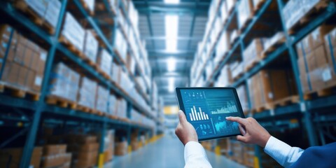 The tablet displaying analytics in a modern warehouse environment.