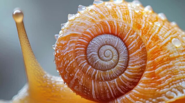 Detailed close-up of a spiral orange snail shell with water droplets glistening in natural light