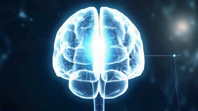 Glowing 3D brain wireframe with real-time signal transmission to pancreas in digital healthcare interface, sharp and focused view