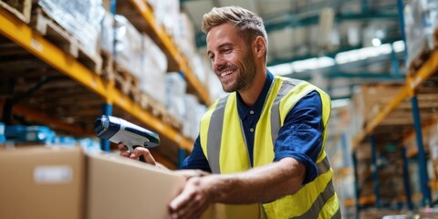 The warehouse worker scanning items with a barcode scanner in a busy environment.