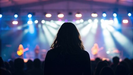 Soft focus concert background featuring silhouette of woman enjoying the show in vibrant lighting

