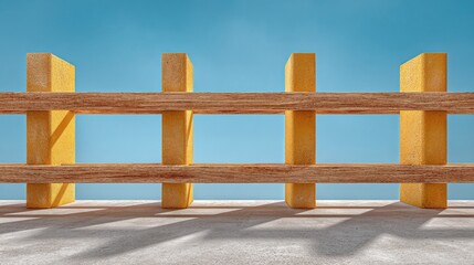 Obraz premium A vibrant wooden fence with a modern design against a clear blue sky, showcasing unique textures and patterns that enhance outdoor aesthetics.