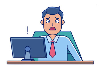 Stressed Employee: A person is sitting at a desk, eyes wide with shock and concern. In front of him is a monitor, showing a worrying sign, symbol of anxiety.