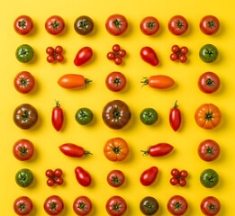 Assortment of Tomatoes on Yellow Background