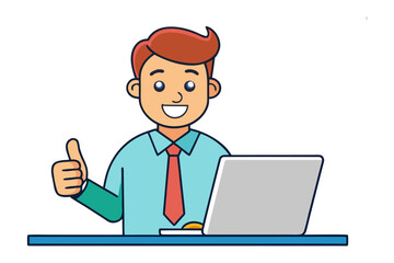 Thumbs Up to Success: A happy individual, exuding confidence, provides a thumbs-up gesture of approval, sitting at a desk, and working on laptop. Illustrating achievement and affirmation. 