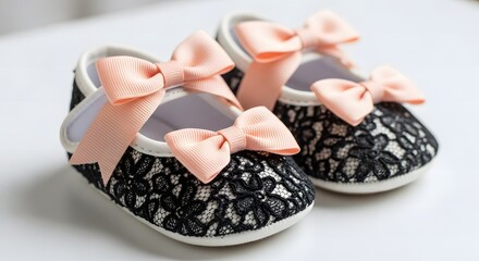 Elegant baby shoes with black lace and peach bows for little girls fashion style
