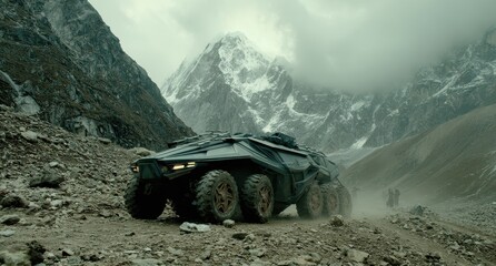 Dark vehicle on mountain path, snowy peak