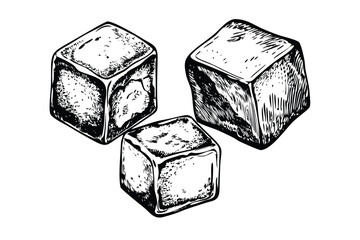 Ice Cubes Vector Engraving Set. Detailed Monochrome Drink & Beverage Illustrations. Vintage Stipple & Hatching Style Icons & Symbols
