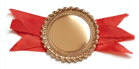 The elegant golden award medal with red ribbon for recognition and achievement.