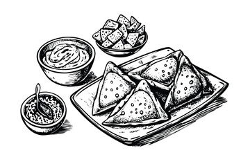 Samosa Snacks Vector Engraving Set. Detailed Monochrome Indian Food Illustrations. Vintage Stipple & Hatching Style Icons & Symbols