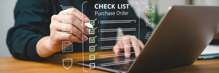 Person marking a digital checklist for a purchase order.