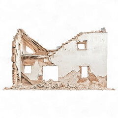 A partially collapsed brick and plaster building with gaping window openings and debris scattered at its base isolated on transparent background
