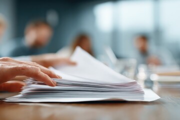 Fototapeta premium Close-up of a hand sorting through documents at a business meeting with blurred colleagues in the background