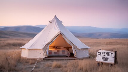 Cream bell tent in dry grass field at sunset with mountains