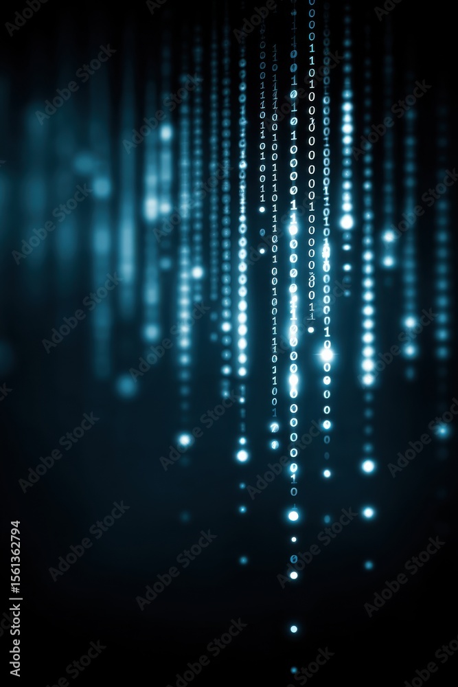 Poster Abstract digital background with binary numbers and glowing blue light patterns