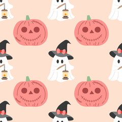 Halloween pumpkins and little ghost seamless pattern